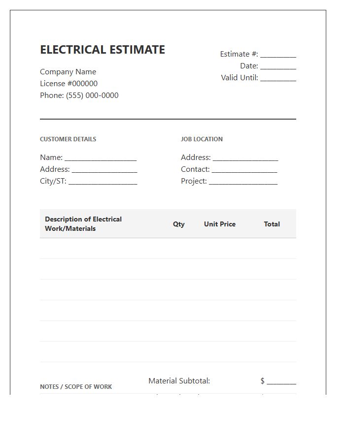 Electrical System Estimate Invoice Template