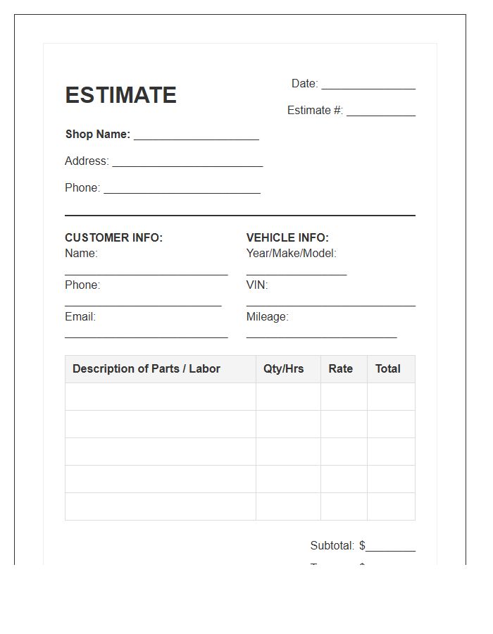 Engine Repair Estimate Invoice Template