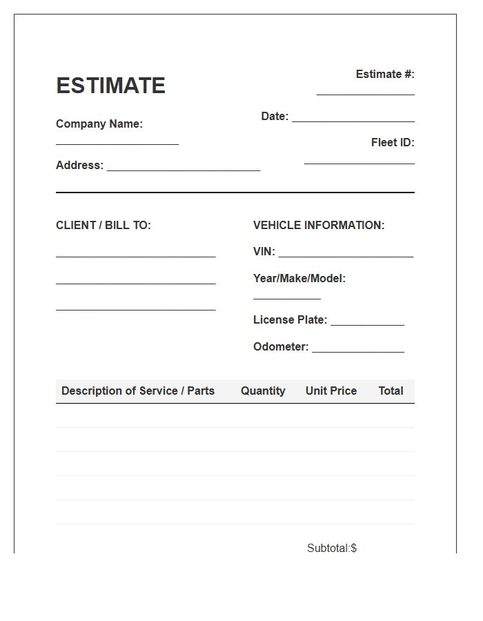 Fleet Vehicle Estimate Invoice Template