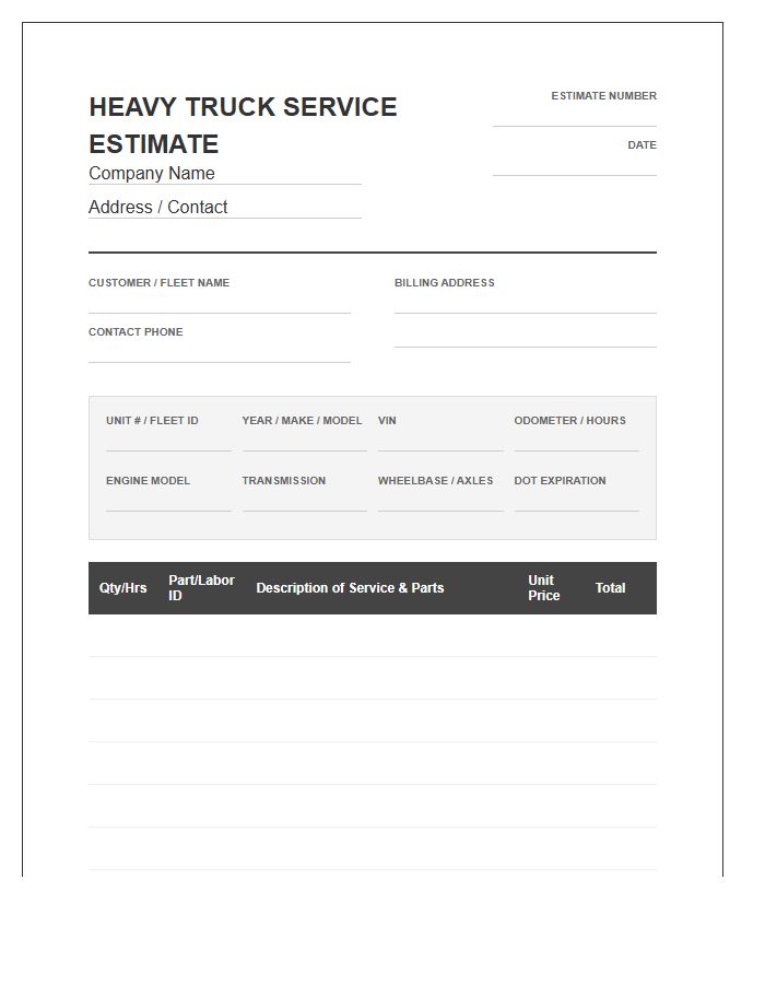 Heavy Truck Estimate Invoice Template
