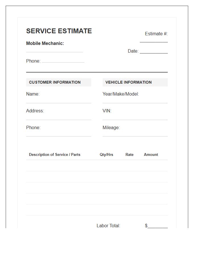Mobile Mechanic Service Estimate Invoice Template