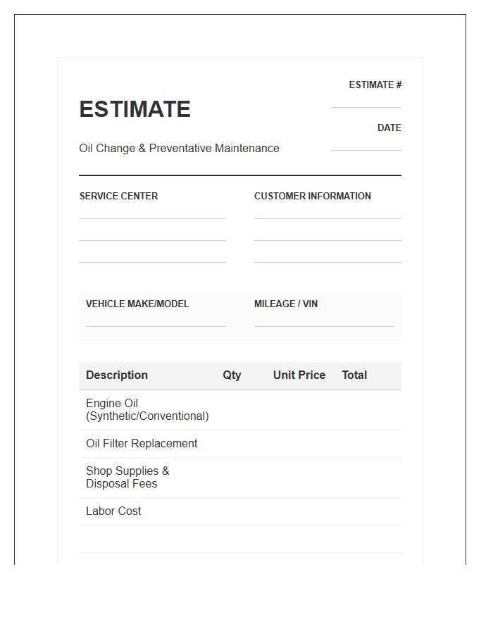 Oil Change Service Estimate Invoice Template