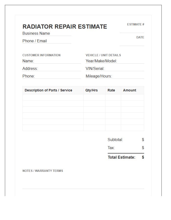 Radiator Repair Estimate Invoice Template