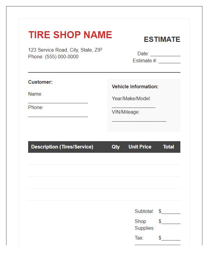 Tire Shop Estimate Invoice Template