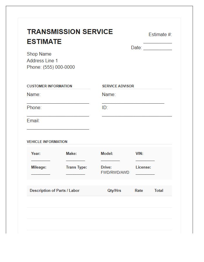 Transmission Service Estimate Invoice Template