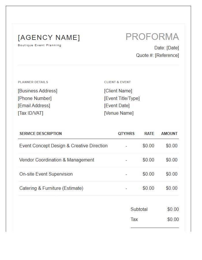 Boutique Event Planning Proforma Invoice Template