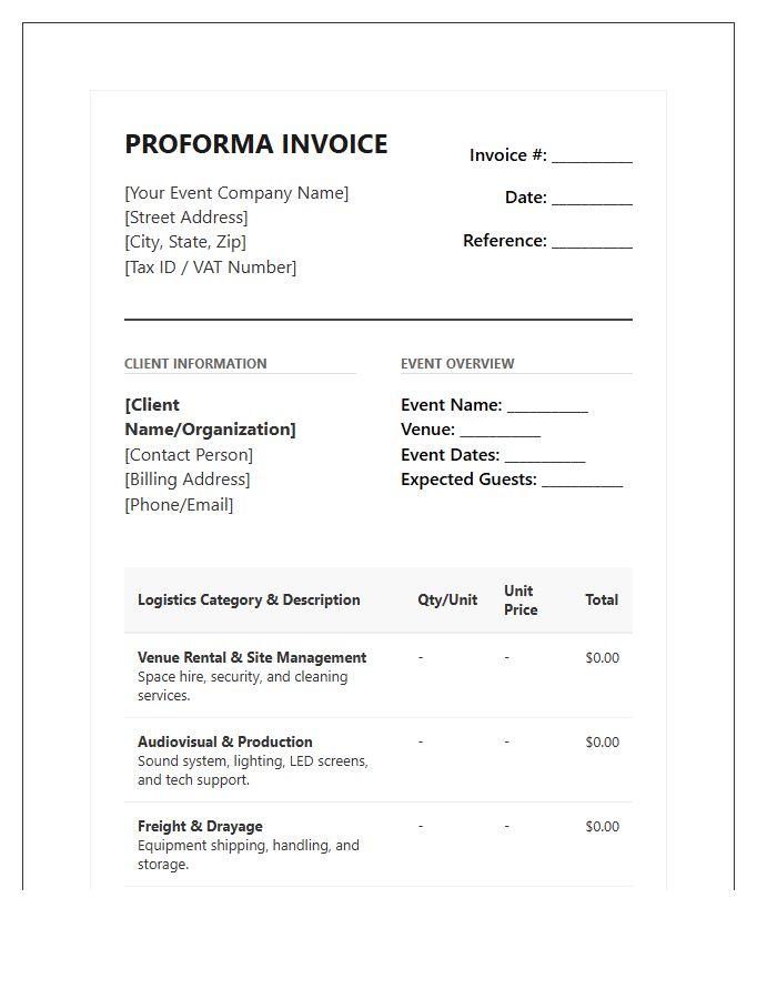 Comprehensive Event Logistics Proforma Invoice Template