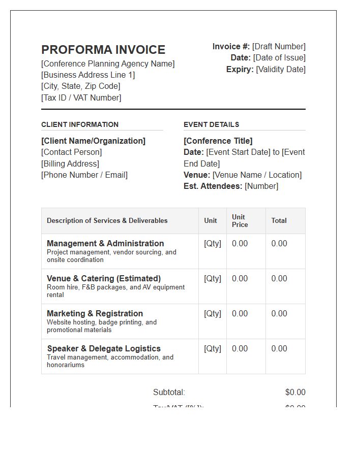 Detailed Conference Planning Proforma Invoice Template