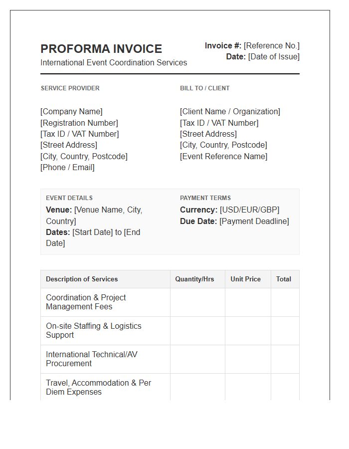 International Event Coordination Proforma Invoice Template