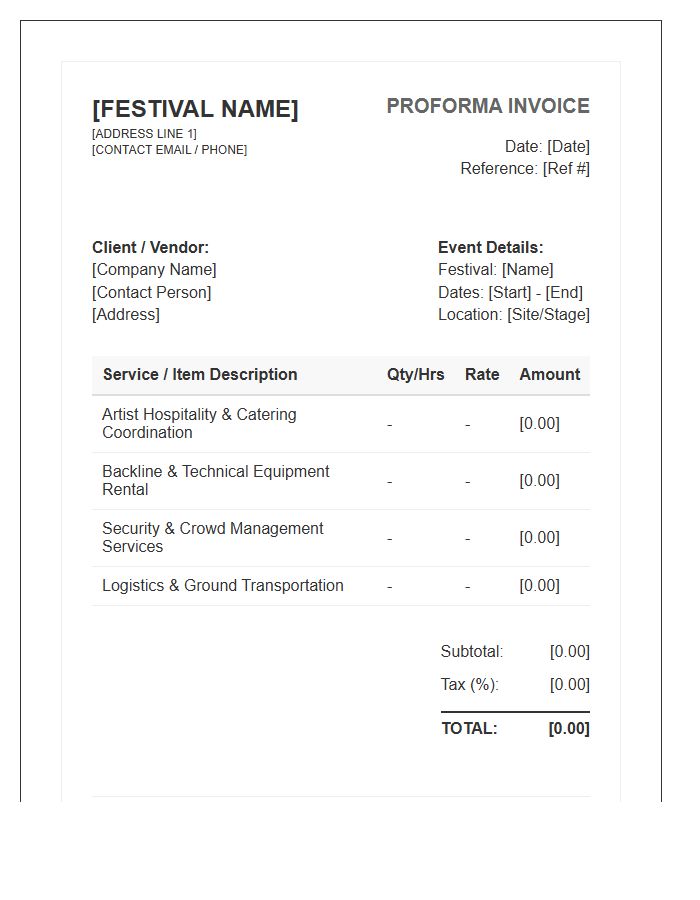 Music Festival Coordination Proforma Invoice Template