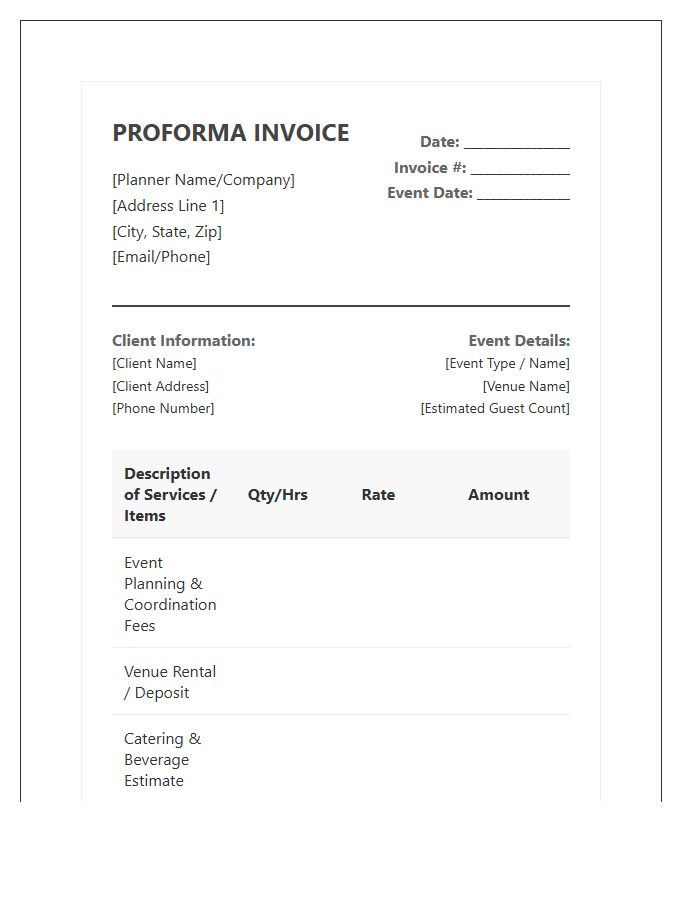 Social Event Planning Proforma Invoice Template