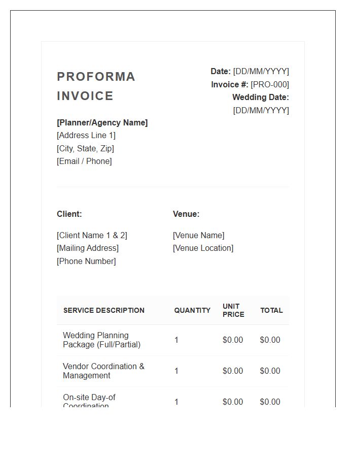 Wedding Planning Service Proforma Invoice Template