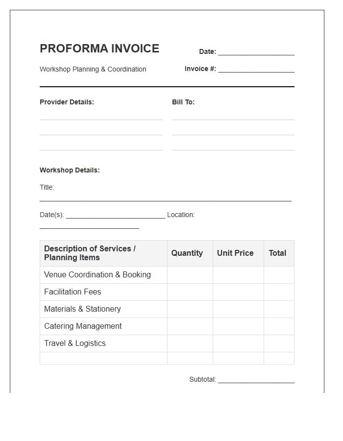 Workshop Planning Proforma Invoice Template