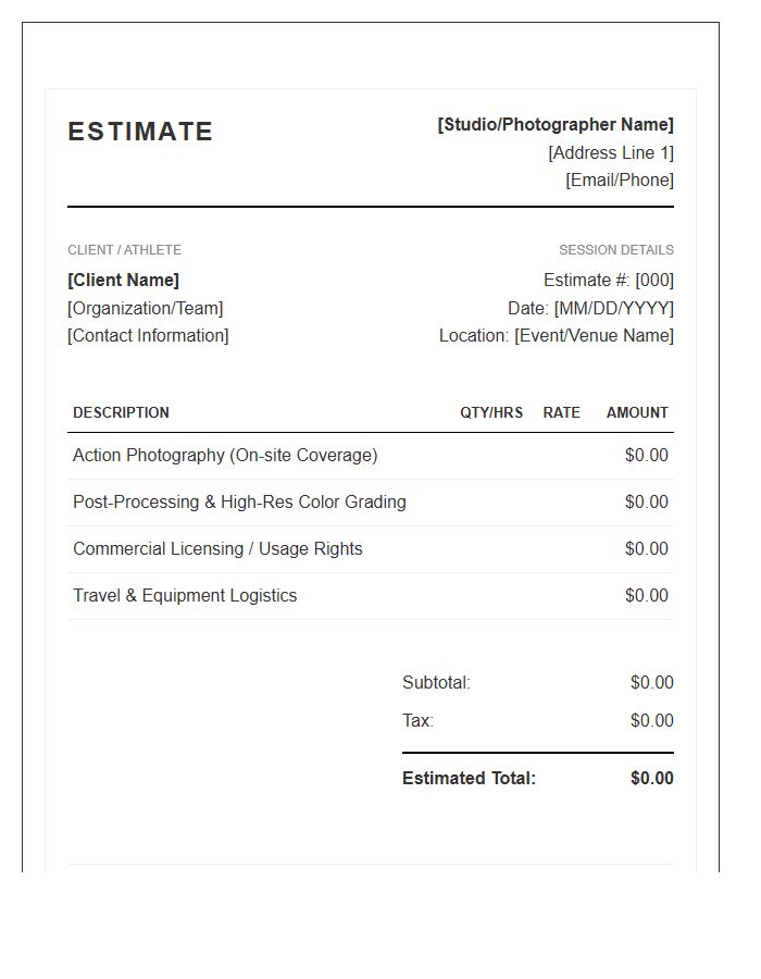 Action Sports Photography Session Estimate Invoice Template