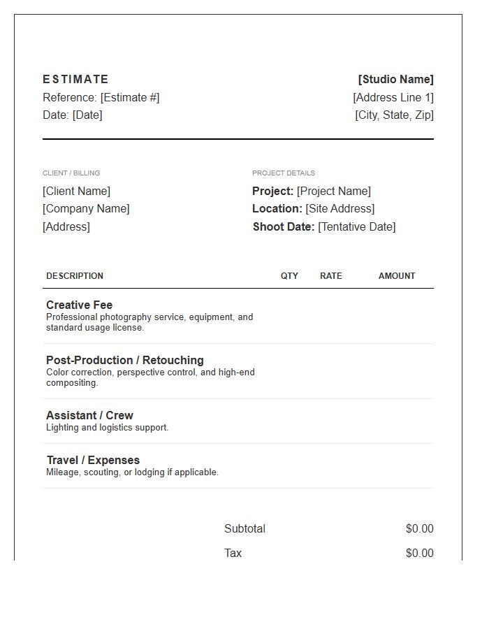 Architectural Photography Session Estimate Invoice Template