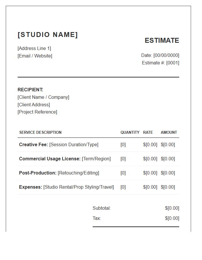 Commercial Brand Photography Session Estimate Invoice Template