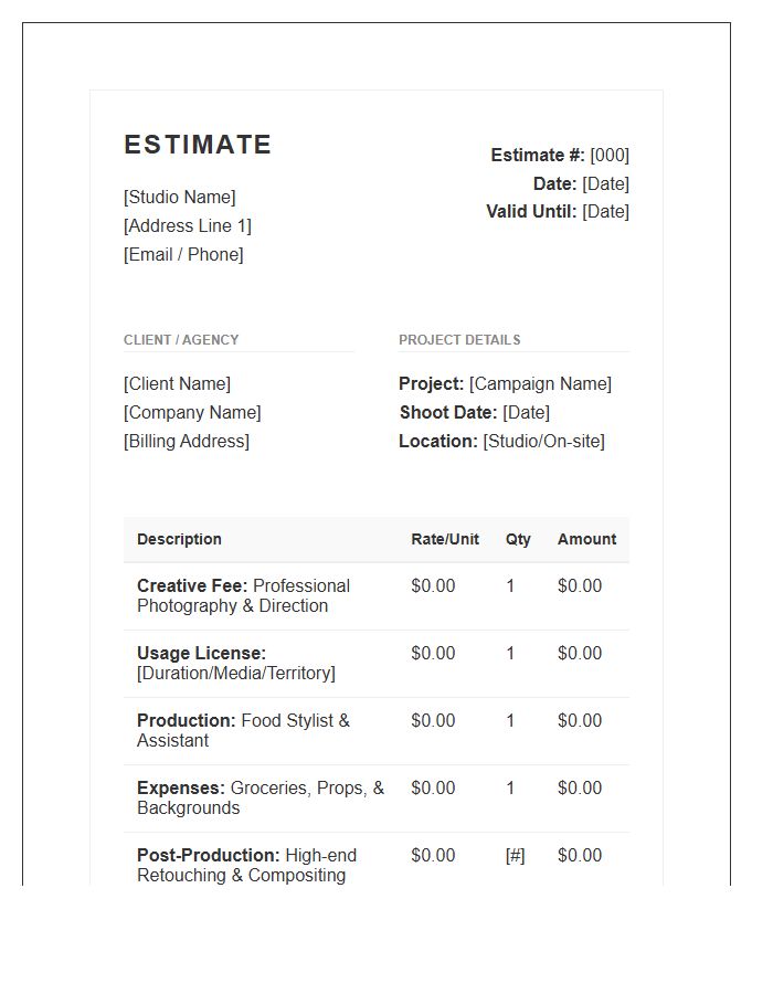 Commercial Food Photography Session Estimate Invoice Template