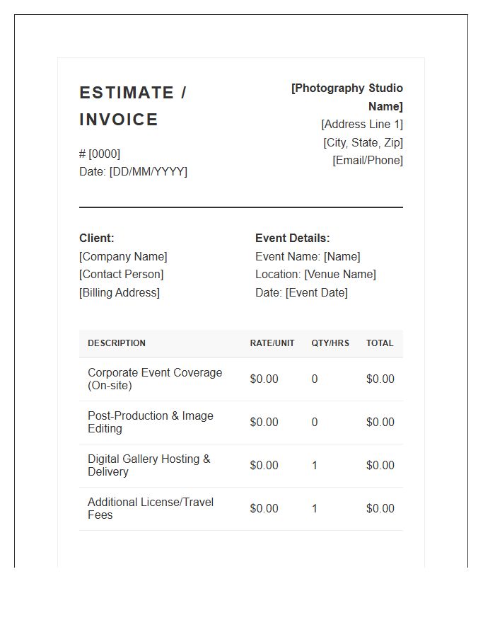Corporate Event Photography Session Estimate Invoice Template