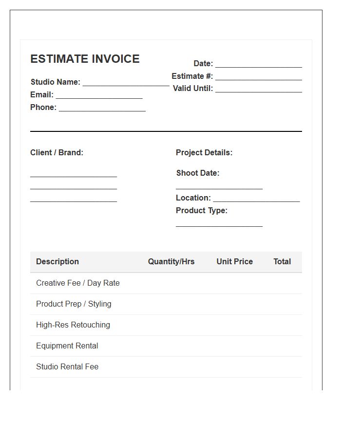 E-commerce Product Photography Session Estimate Invoice Template