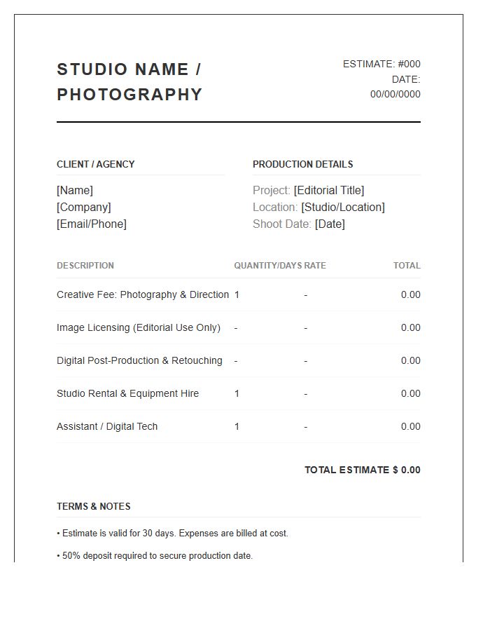 Editorial Fashion Photography Session Estimate Invoice Template