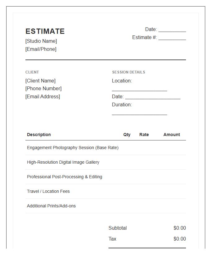 Engagement Photography Session Estimate Invoice Template