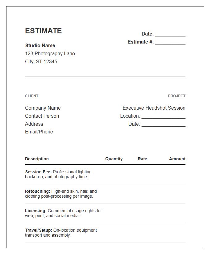 Executive Headshot Photography Session Estimate Invoice Template