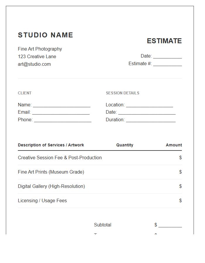 Fine Art Photography Session Estimate Invoice Template
