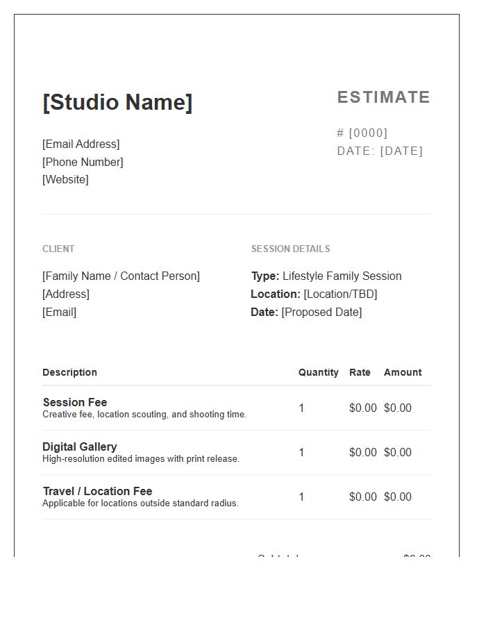 Lifestyle Family Photography Session Estimate Invoice Template