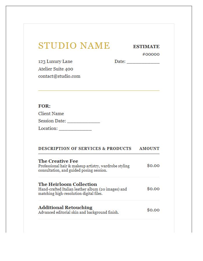 Luxury Boudoir Photography Session Estimate Invoice Template