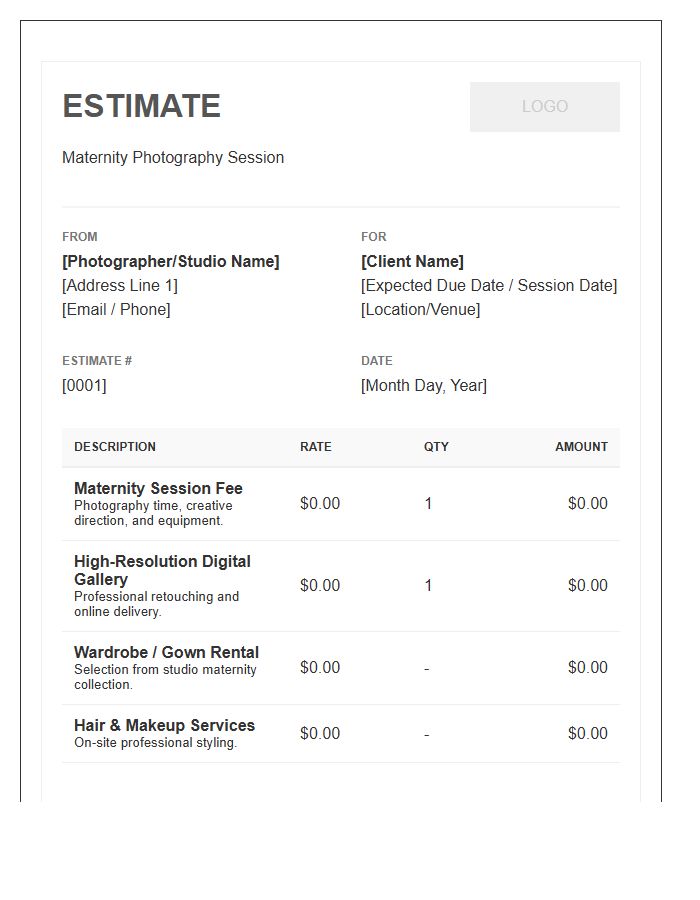Maternity Photography Session Estimate Invoice Template