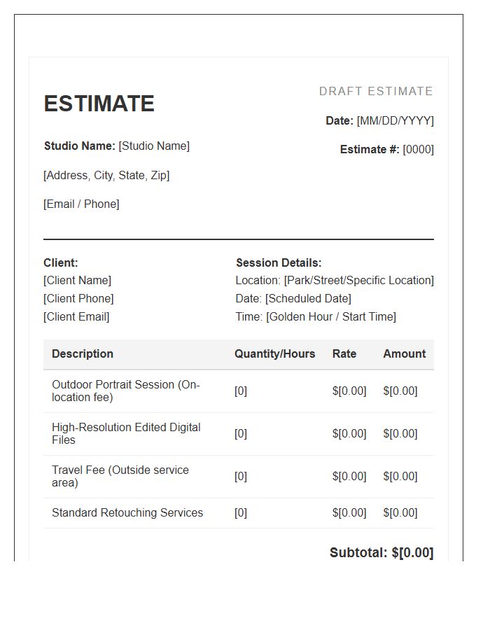 Outdoor Portrait Photography Session Estimate Invoice Template