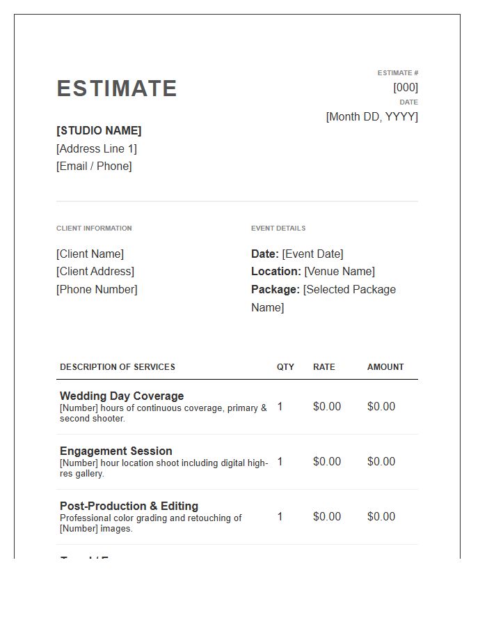 Professional Wedding Photography Session Estimate Invoice Template