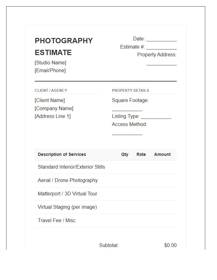 Residential Real Estate Photography Session Estimate Invoice Template
