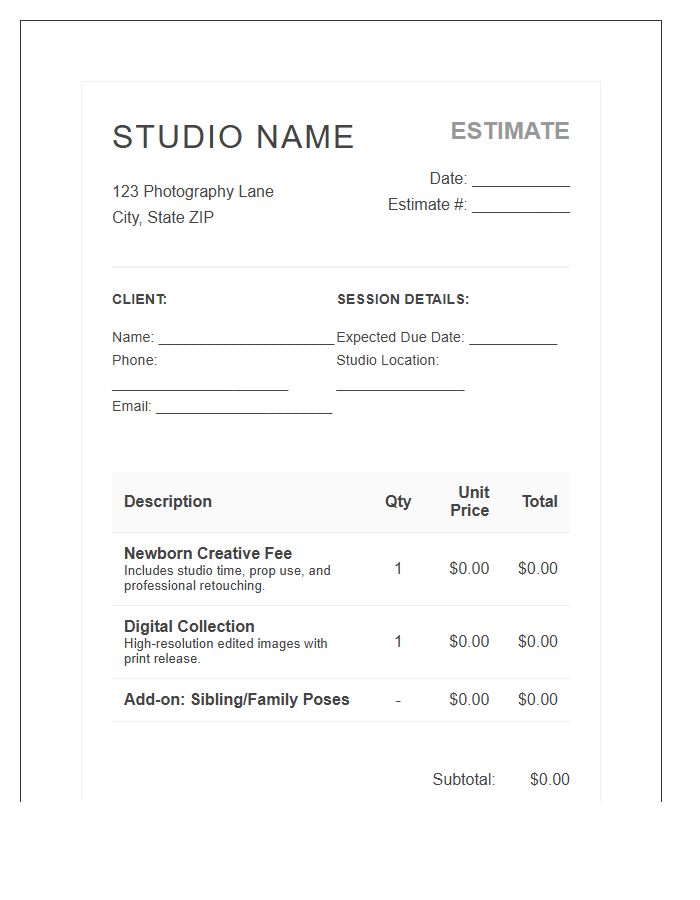 Studio Newborn Photography Session Estimate Invoice Template