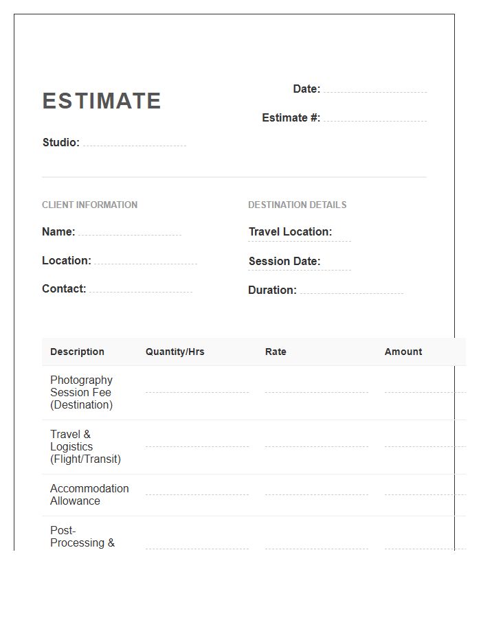 Travel Destination Photography Session Estimate Invoice Template