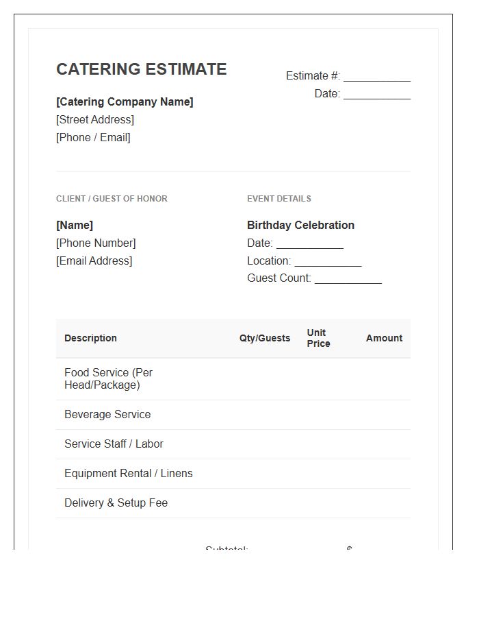 Birthday Celebration Catering Estimate Invoice Template