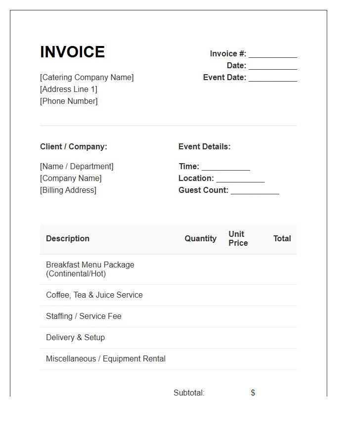 Breakfast Meeting Catering Invoice Template