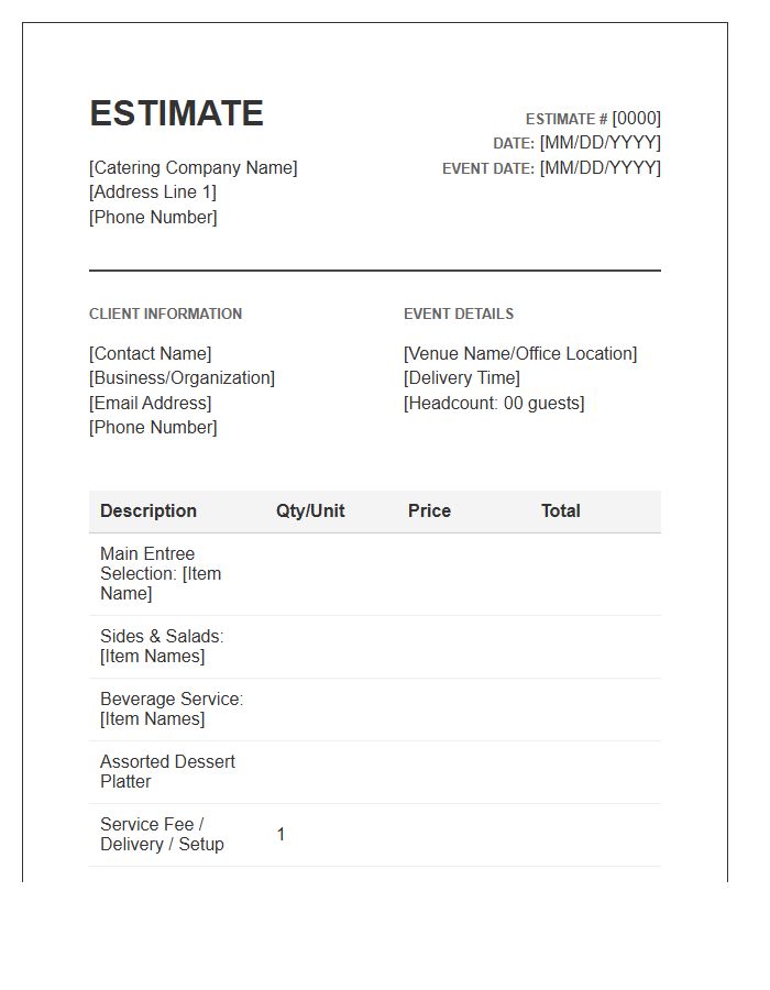 Business Lunch Catering Estimate Invoice Template