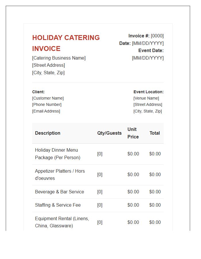 Holiday Dinner Catering Invoice Template