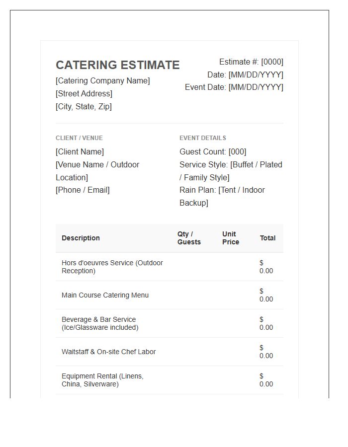 Outdoor Wedding Catering Estimate Invoice Template
