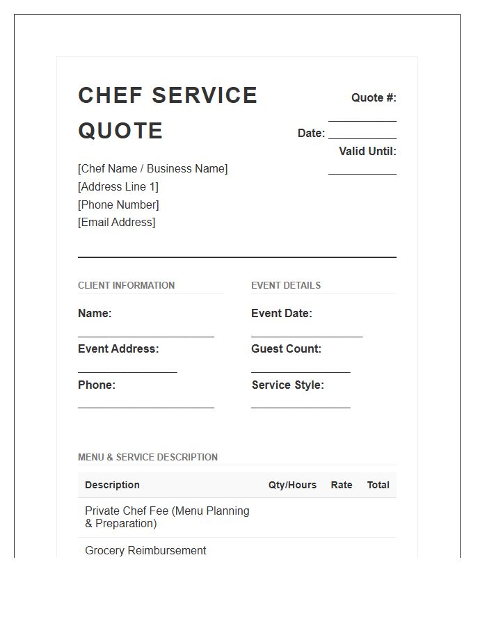 Private Chef Service Quote Invoice Template