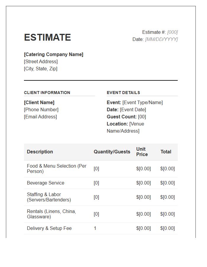 Social Event Catering Estimate Invoice Template