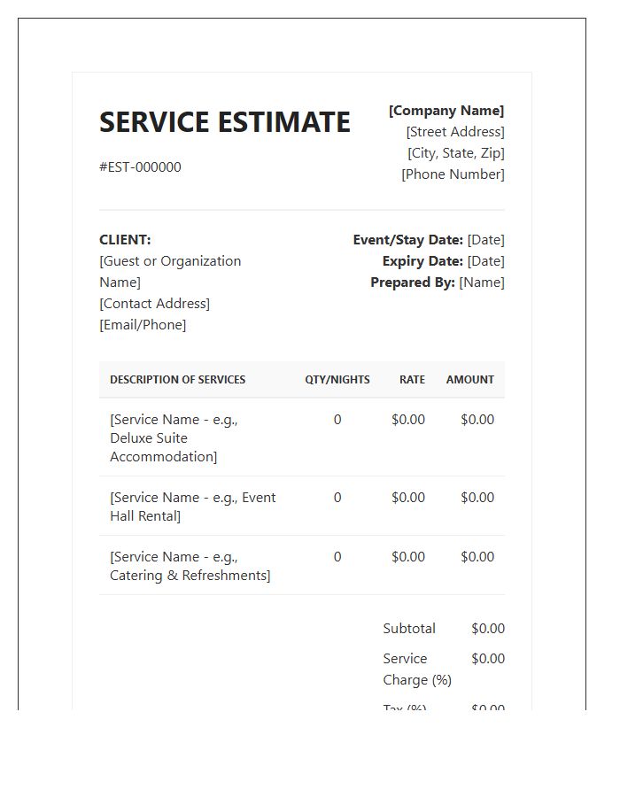 Standard Hospitality Service Estimate Invoice Template