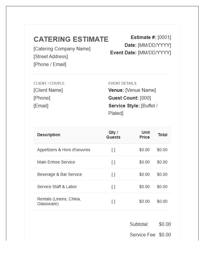 Wedding Catering Cost Estimate Invoice Template