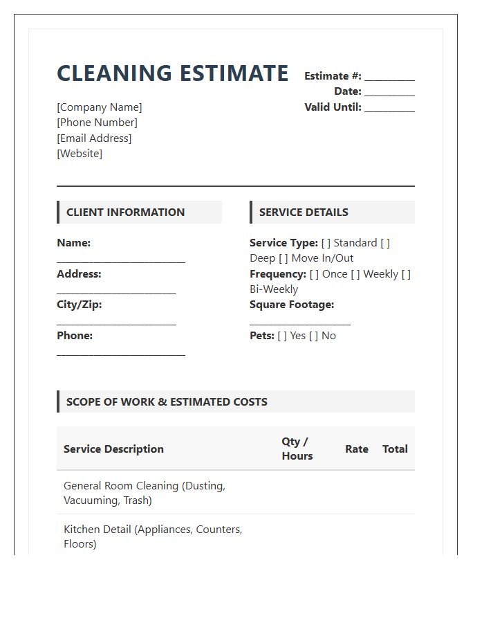 Comprehensive Residential Cleaning Estimate Invoice Template