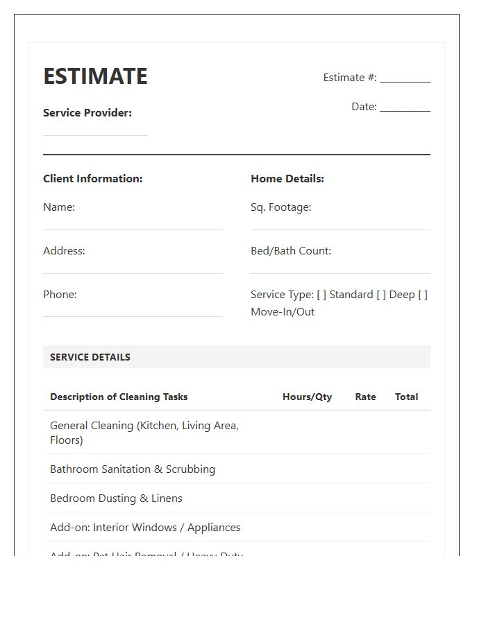 Detailed Home Cleaning Estimate Invoice Template