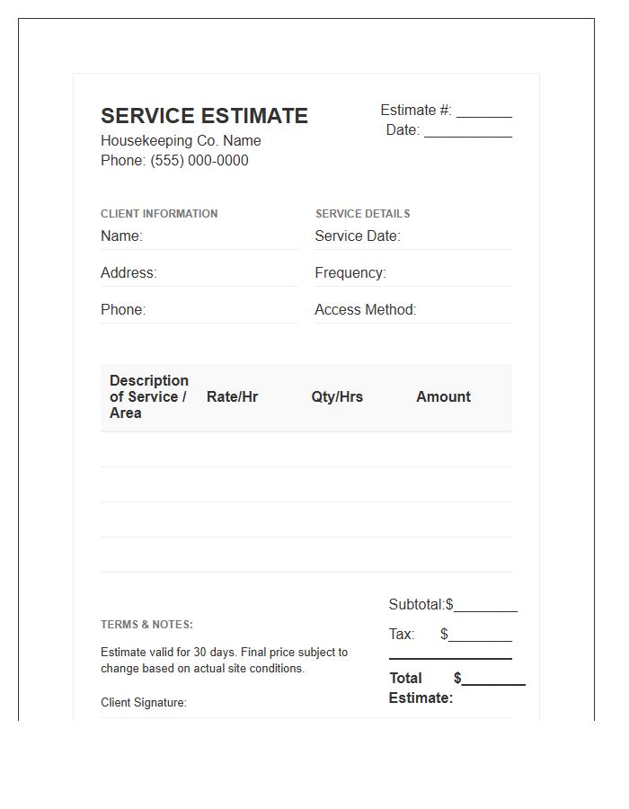 Housekeeping Service Estimate Invoice Template