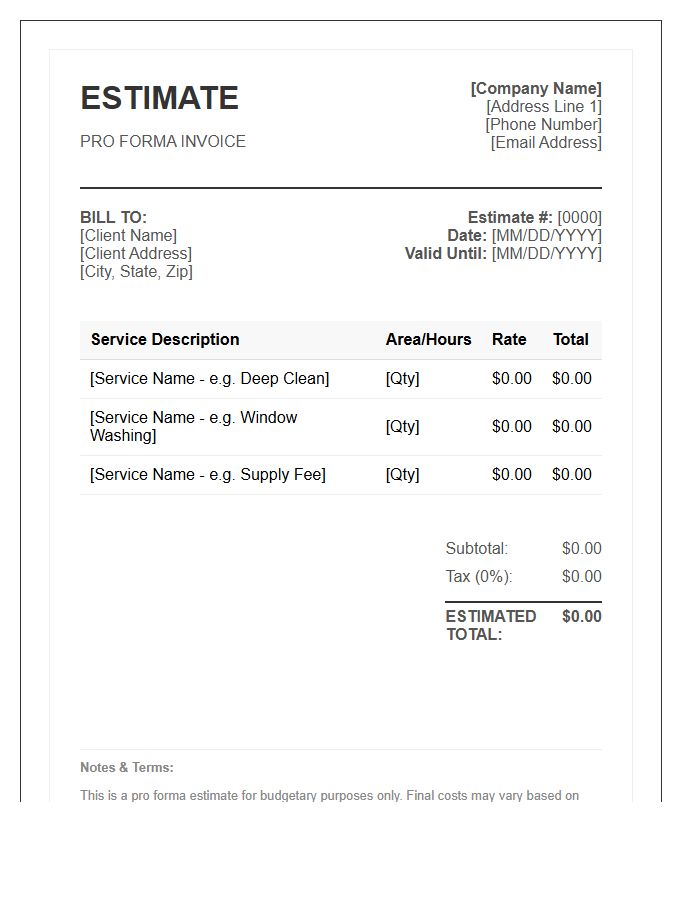 Professional Cleaning Estimate Pro Forma Invoice Template