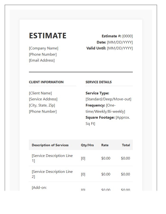 Professional House Cleaning Estimate Invoice Template