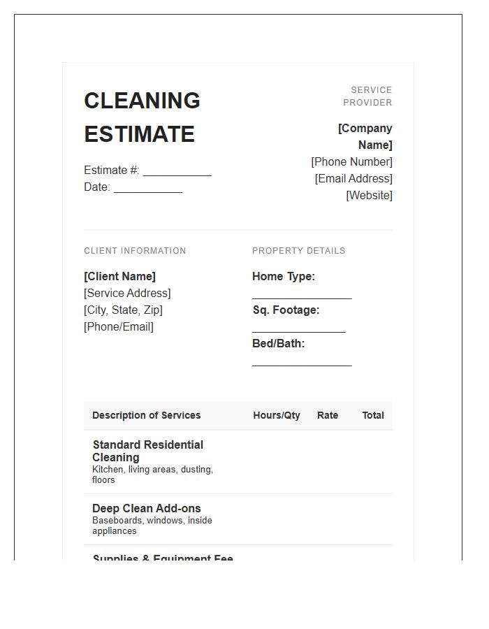 Professional Residential Cleaning Job Estimate Invoice Template